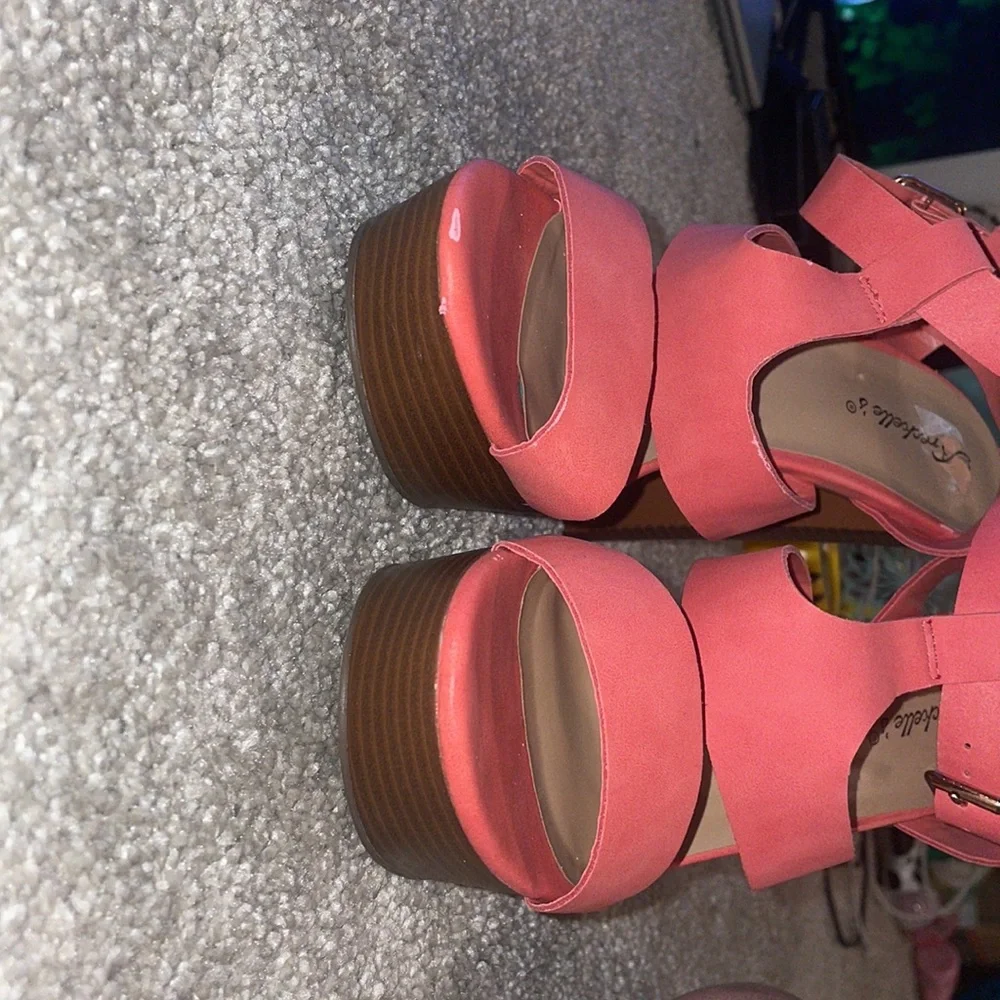 Coral strapy sandals wooden platform ankle straps block heel high s 10